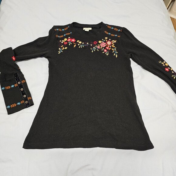 Sundance Frosty Fields Embroidered Thermal Top Shirt Women Size S Black Cotton - Picture 9 of 15
